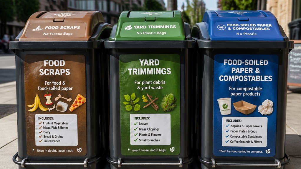 color coded bins and certification labels guide composting