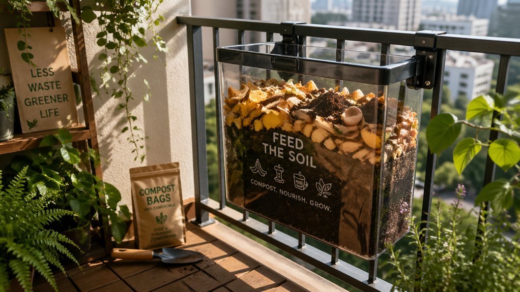 compact airtight balcony compost setup with drainage browns greens