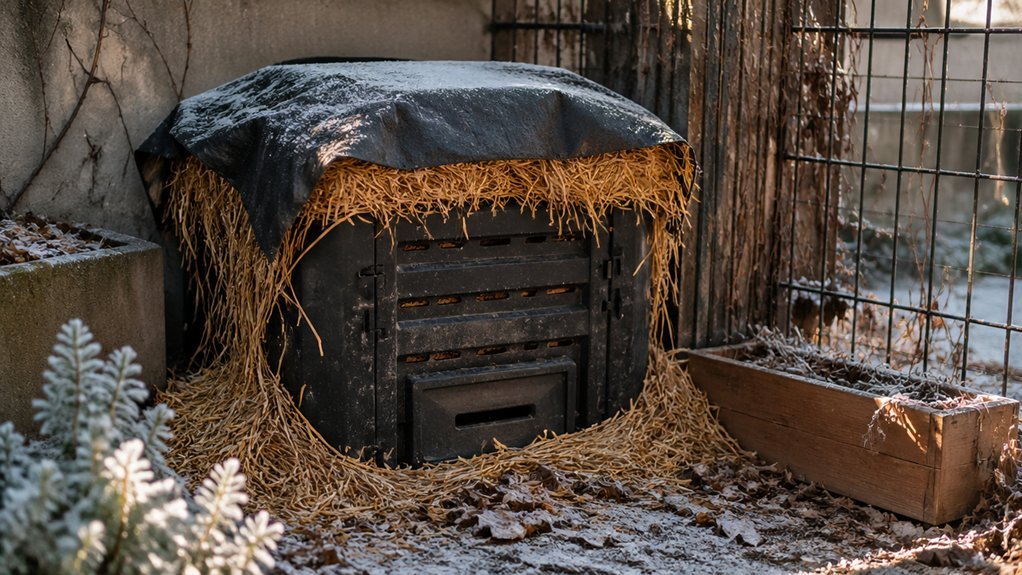 dark tarp straw insulation winter composting