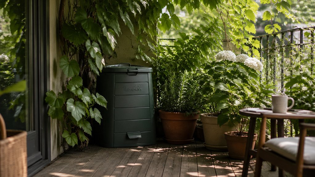 shady hidden balcony composting corner