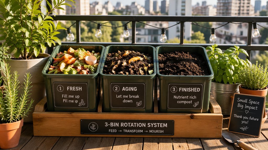 three bin balcony compost rotation