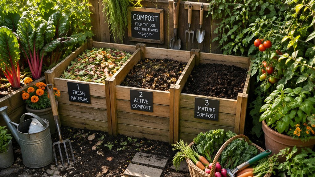 three bin compact garden composting setup