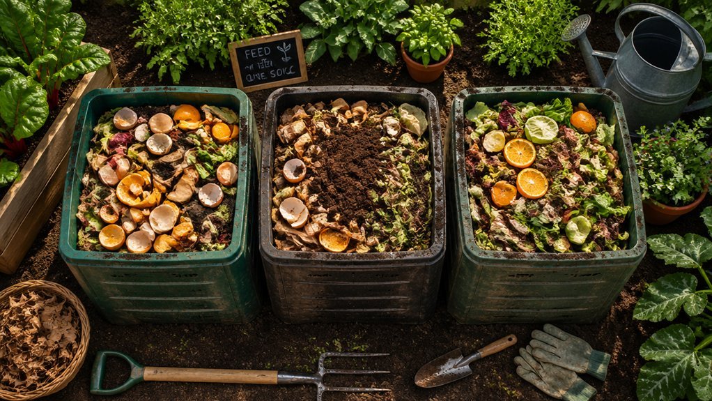 three bin compost rotation with cedar bins