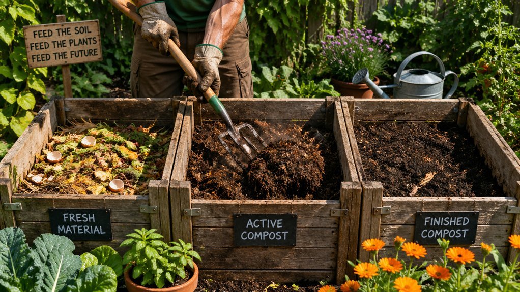 turn three bin compost regularly 2 3 weeks