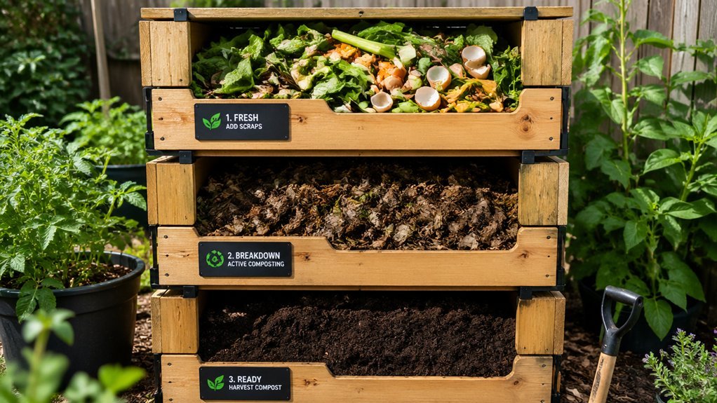 vertical 3 bin compost staging system