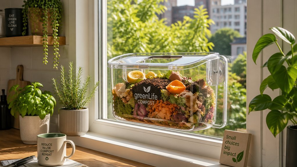 window mounted compost bin upcycled frame hinged hatch